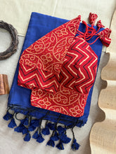 Navy Blue  Handloom Cotton Saree With Red Bandhej Print Redy Made Blouse